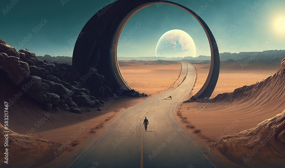  a man walking down a road in the middle of a desert with a giant tunnel in the middle of it and a g