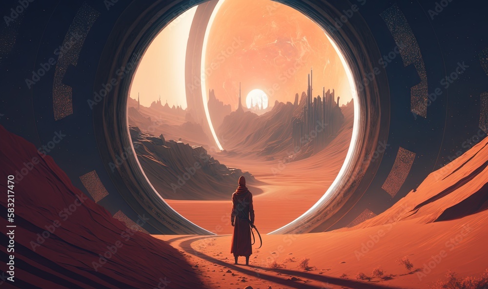  a man walking through a tunnel in a desert area with a city in the distance and a giant orange obje