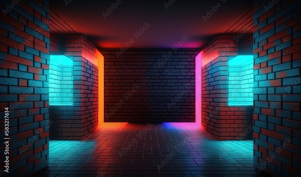  a dark room with a brick wall and neon lights coming from the walls and a brick floor with a brick 