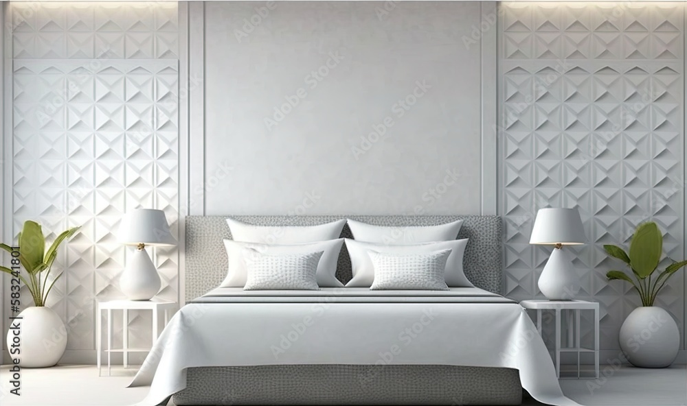  a white bedroom with a bed, nightstands, and two lamps on either side of the bed and a plant in the