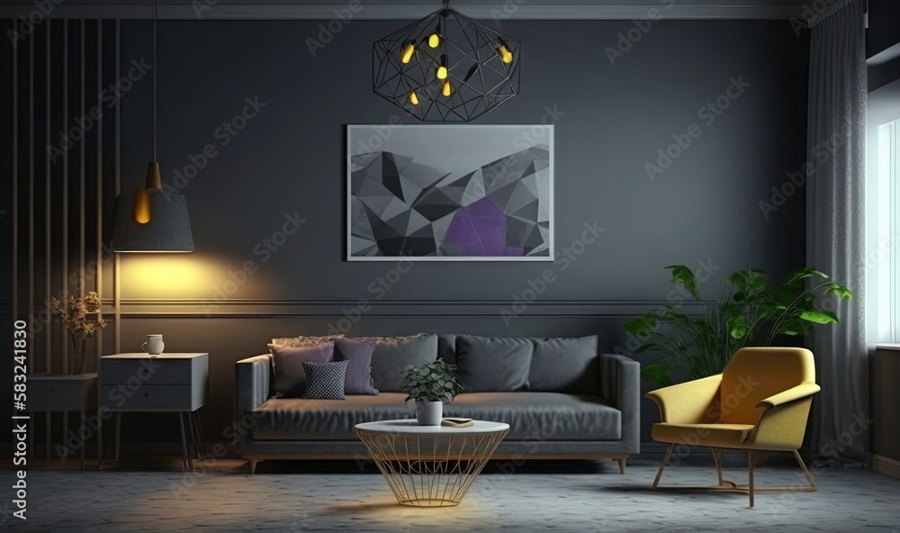  a living room with a couch, chair, table and a painting on the wall above the couch is a yellow cha