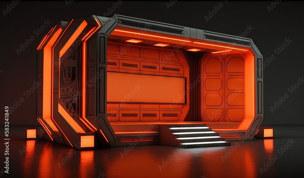  a futuristic looking room with steps leading to the door and a ramp leading up to the room with a b