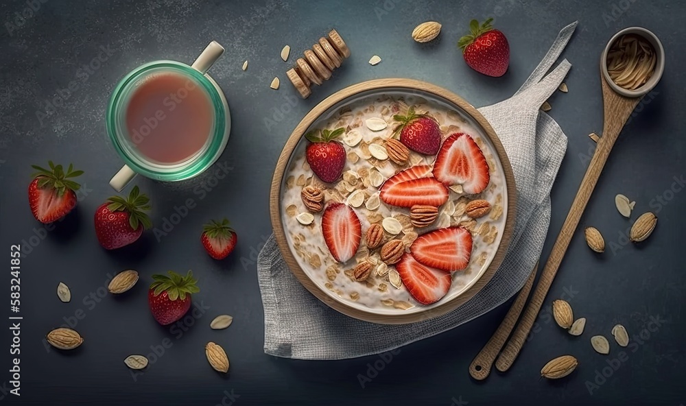  a bowl of oatmeal with strawberries and almonds next to a cup of tea and a spoon on a dark backgrou