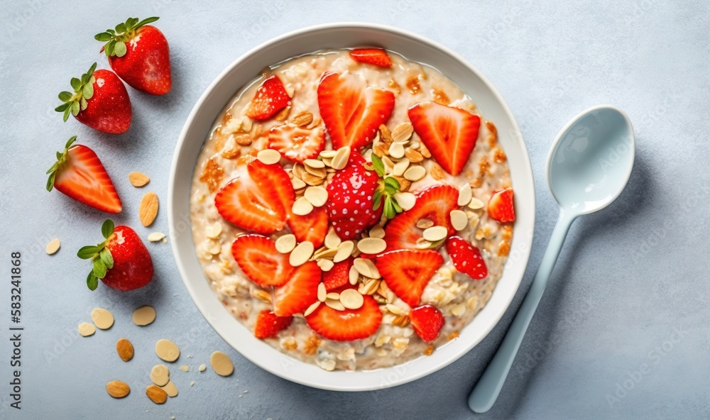  a bowl of oatmeal with strawberries and almonds on a blue surface with a spoon and two strawberries