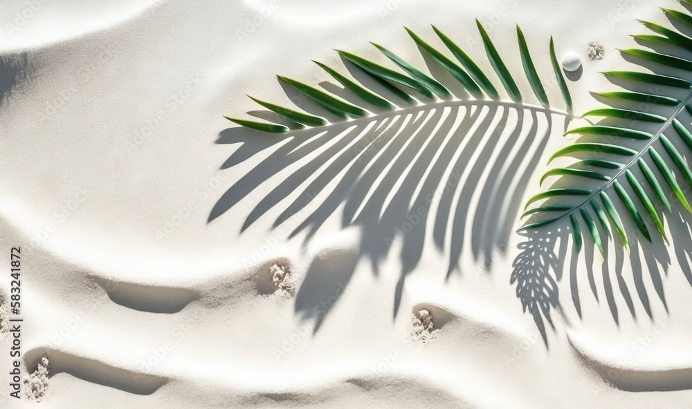  a palm leaf casts a shadow on a white sand beach with footprints in the sand and footprints in the 