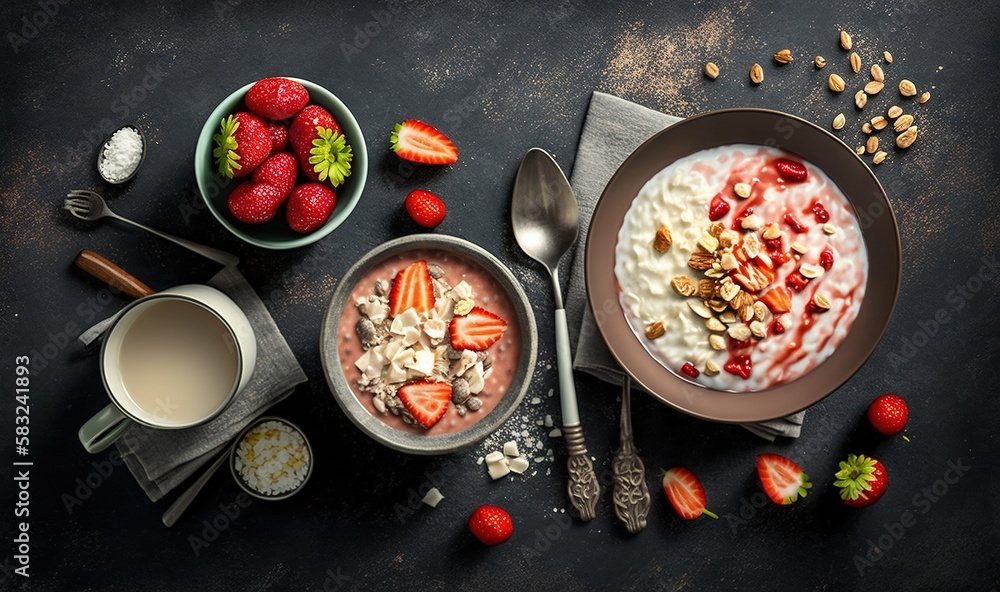  a bowl of yogurt, a bowl of strawberries, and a cup of coffee on a black surface with spoons and sp