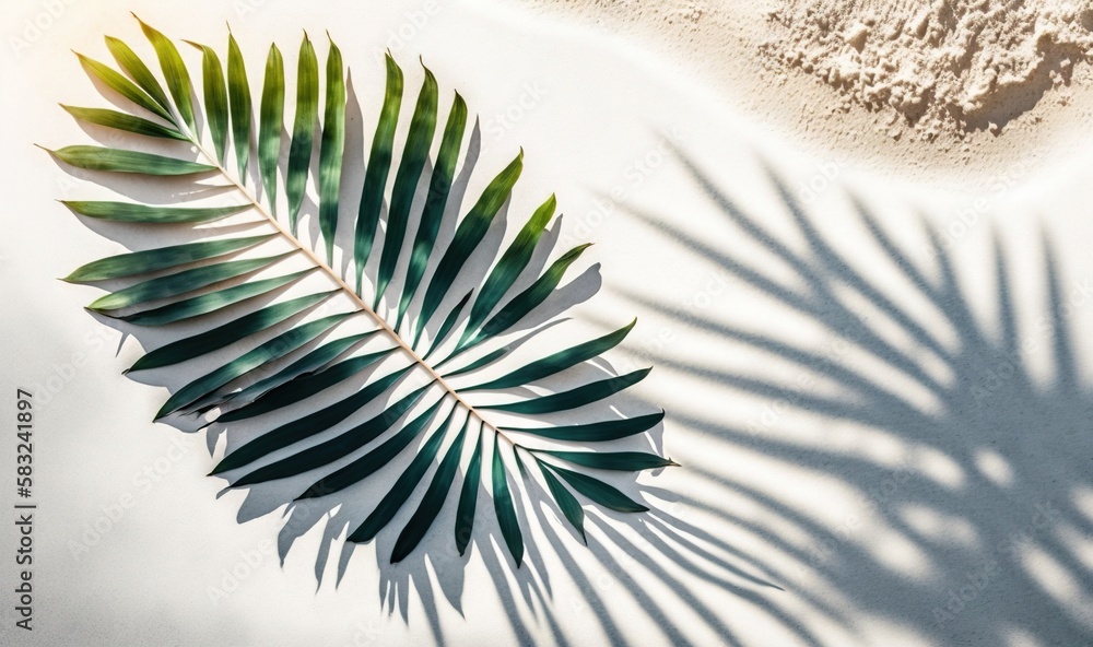  a palm leaf casts a shadow on a white surface with a shadow of a sand dune in the background and a 