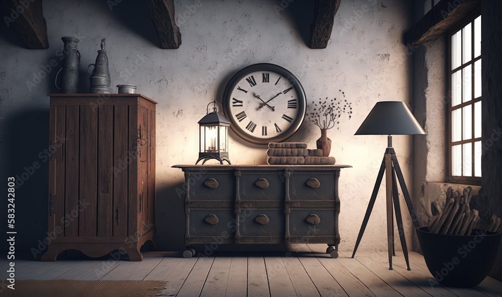  a room with a large clock on the wall next to a dresser and a lamp on a table with a lamp on top of