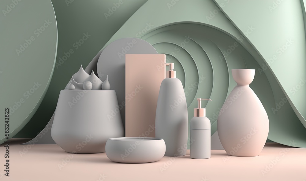  a group of white vases and containers on a table with a green background and a pink wall behind the