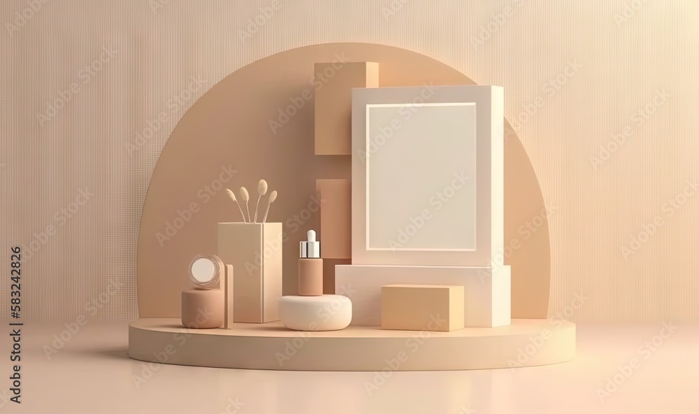  a shelf with a mirror, vase, and other items on it in a room with a light colored wall and a beige 