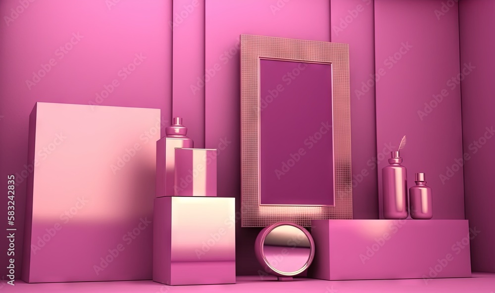  a pink room with a mirror, bottles, and a mirror on the wall and a mirror on the floor in the middl