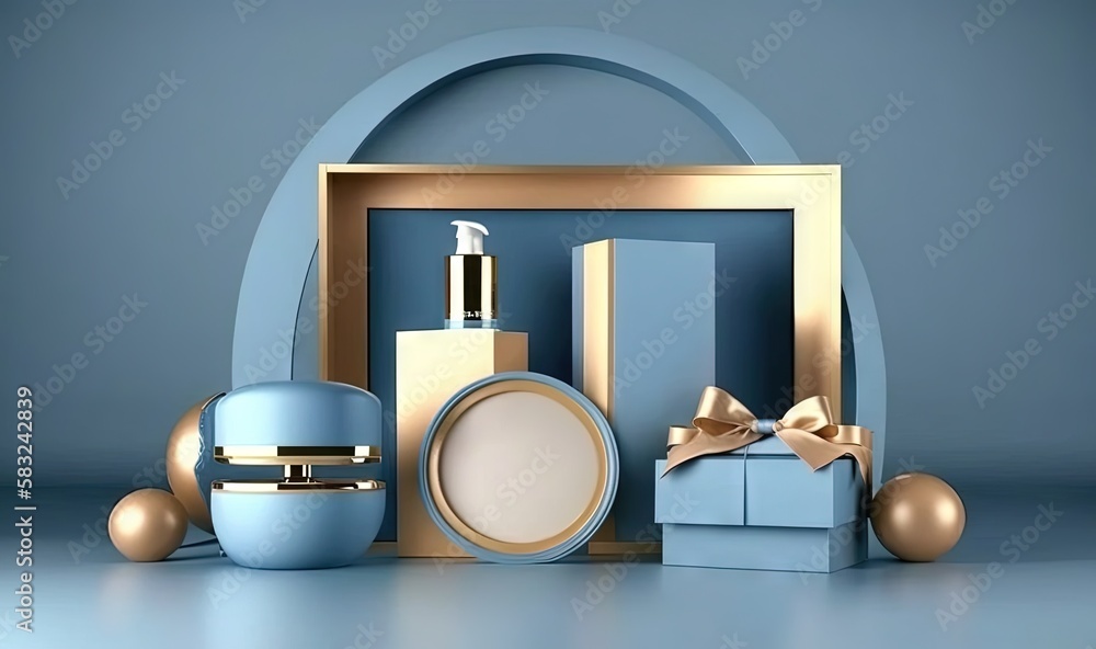  a blue and gold display with a bottle of lotion and a gift box with a gold bow on the top and a blu