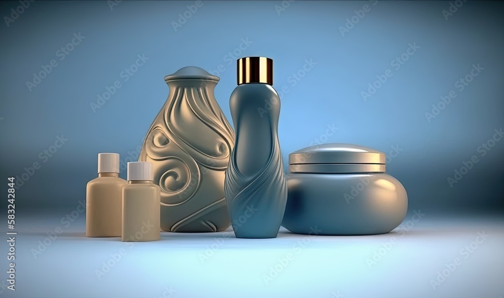  a group of vases and jars sitting on a table top next to each other on a blue background with a blu