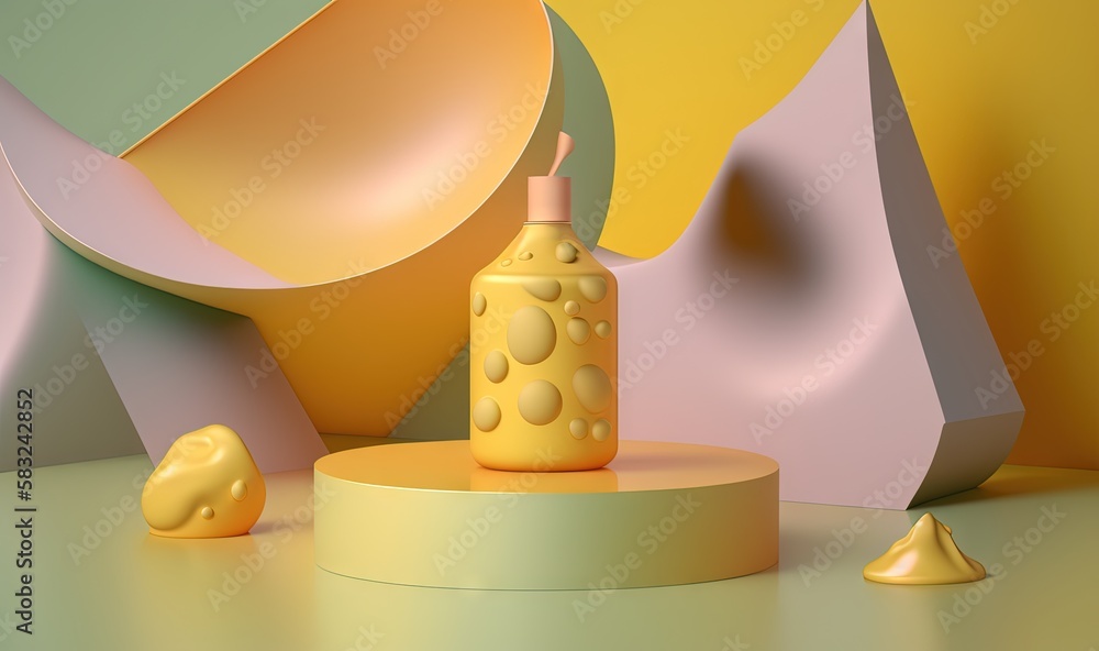  a yellow bottle sitting on top of a table next to a yellow cone and a yellow object on the ground n