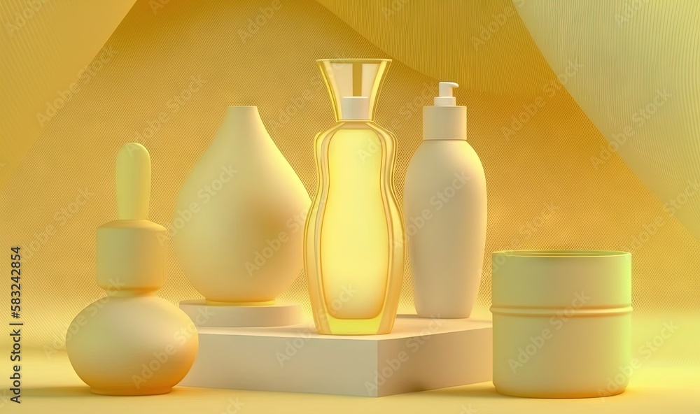  a group of white vases and containers on a yellow background with a yellow background behind them a