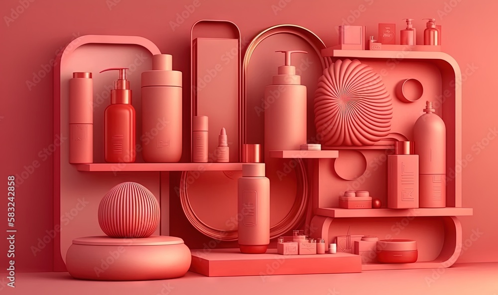  a pink shelf filled with lots of different types of beauty products on top of a pink wall next to a