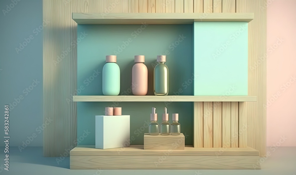  a shelf filled with bottles and containers on top of a blue wall next to a white box and a white co