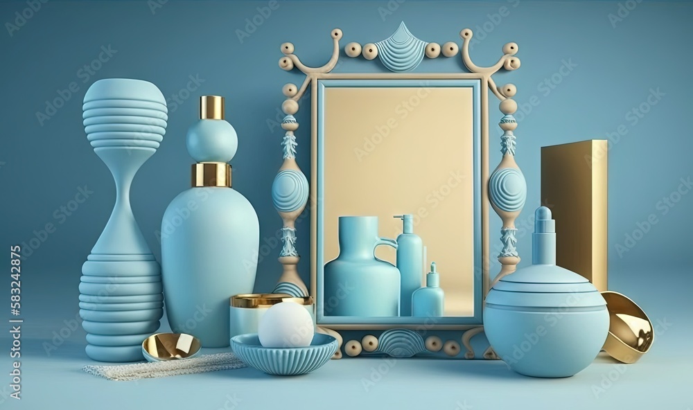  a mirror, vases, and other items are arranged in a blue and gold color scheme on a light blue backg