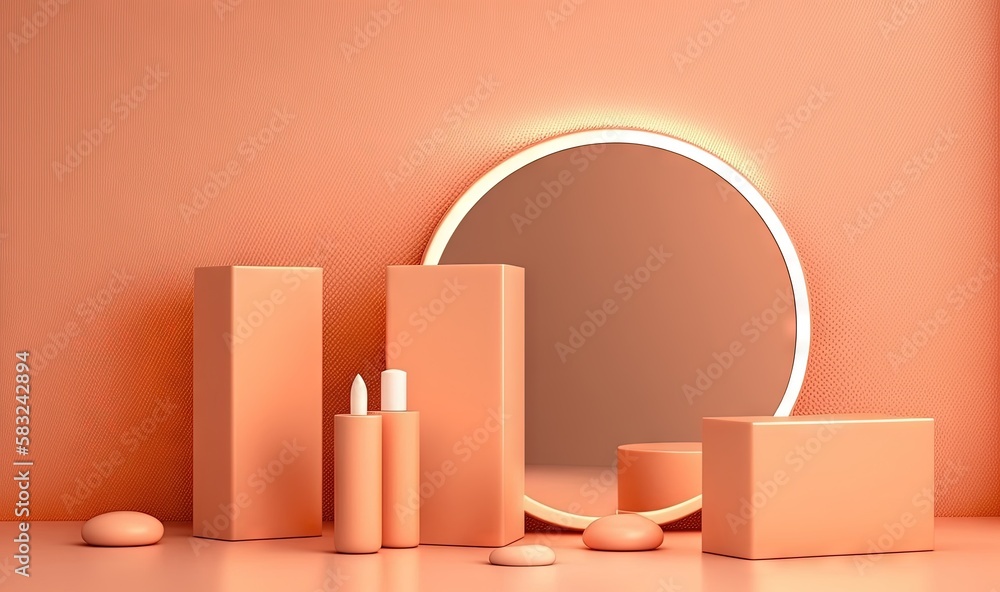  a round mirror sitting next to a set of makeup containers on a counter top next to a round mirror w