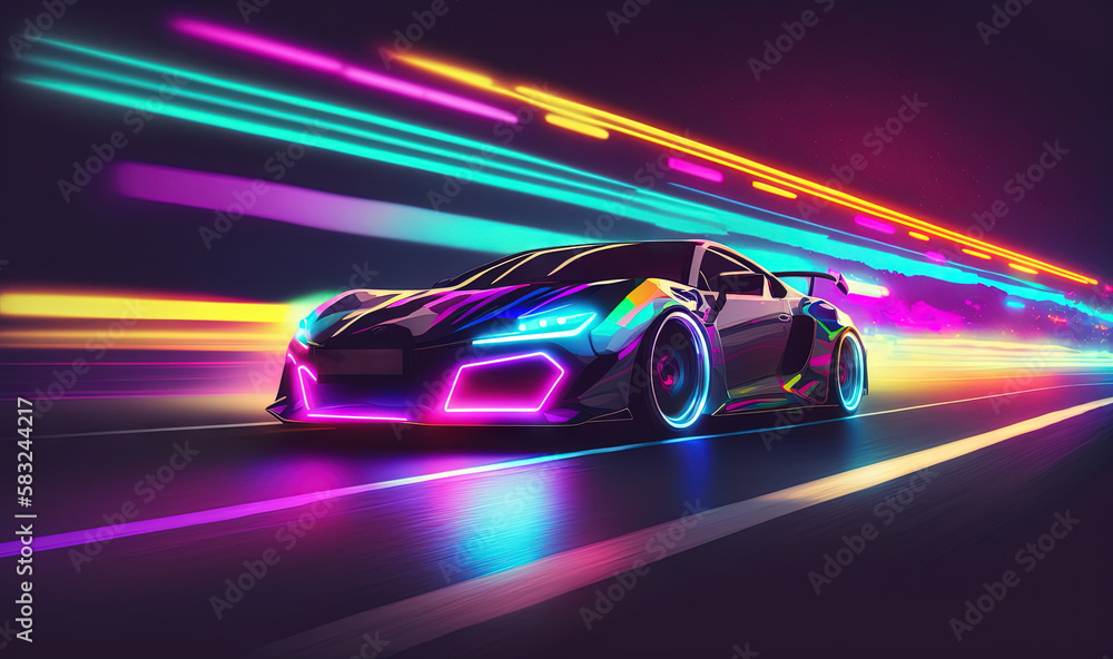  a car driving down a street with neon lights on its sides and a black car driving down the street 