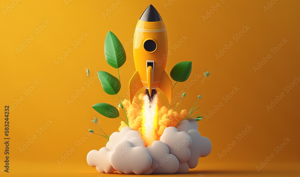  a rocket is flying through the air with leaves coming out of it and clouds around it on a yellow ba