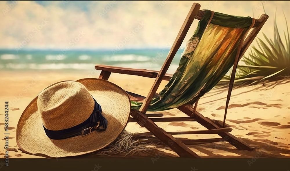  a beach chair with a hat on it and a blanket draped over it on a beach with a view of the ocean in 