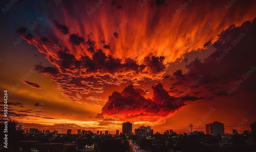  a very colorful sky over a city at night with a lot of clouds in the sky and buildings in the backg