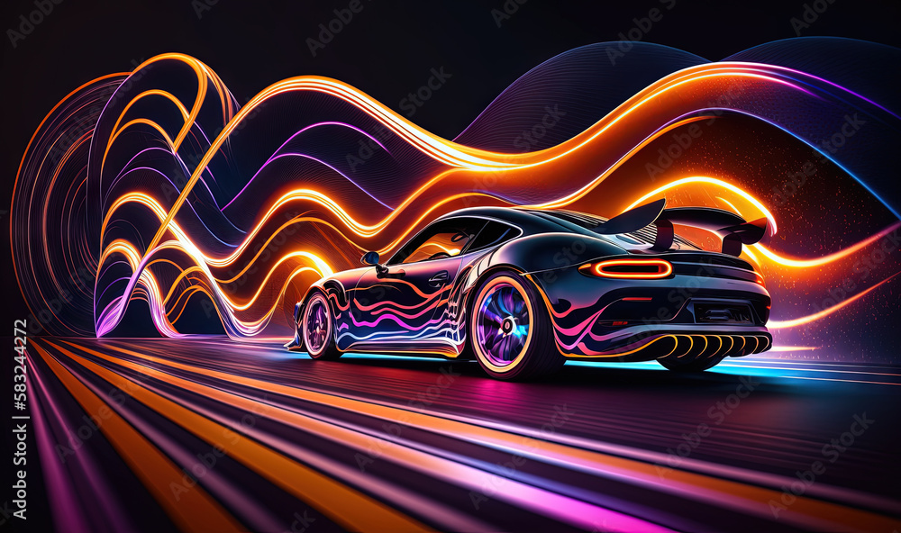  a car is shown with a colorful light painting effect on its body and the hood is up and the car is