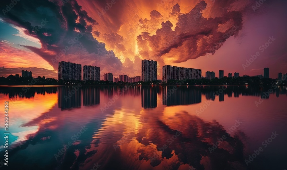  a city skyline with clouds reflecting in the water and a colorful sunset in the sky over the water 