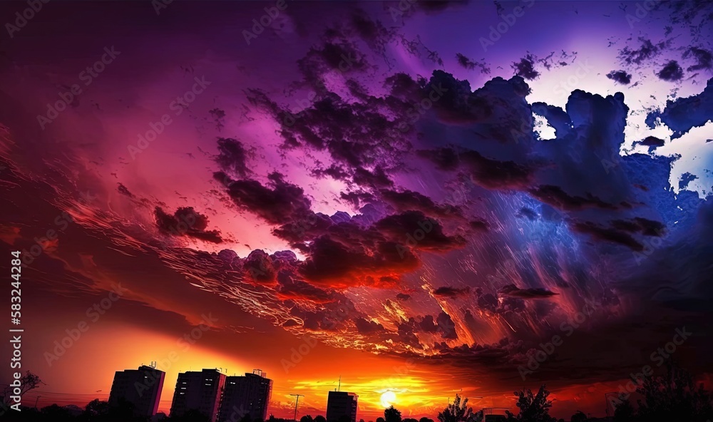  a colorful sky with clouds and buildings in the background and a sunset in the foreground with the 