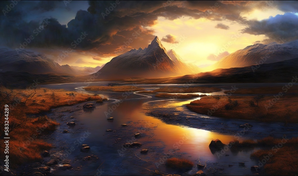  a painting of a mountain and a river at sunset with clouds in the sky and a sun setting over the mo