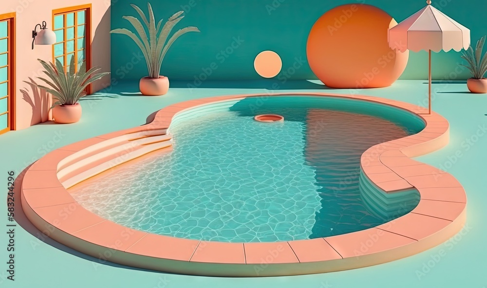  a small pool with a waterfall in the middle of it and a large orange ball in the middle of the pool