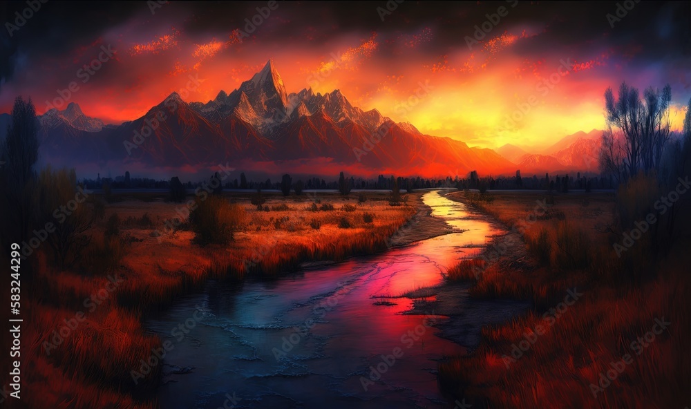  a painting of a river running through a field with mountains in the background and a sunset in the 