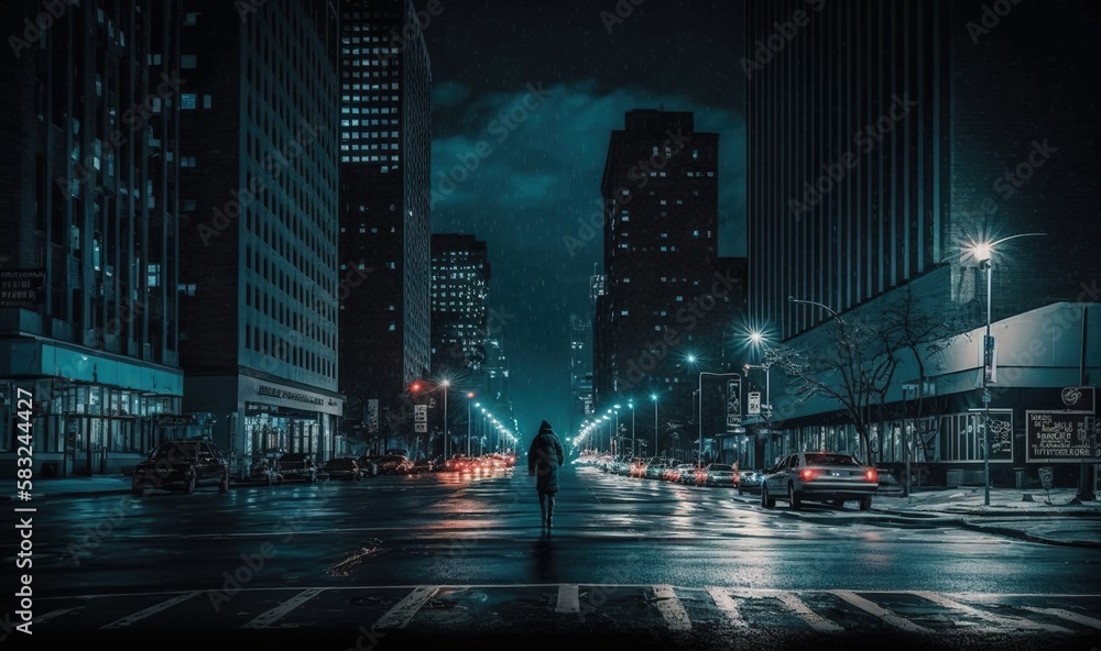  a person walking down a street at night in the rain with a dark cityscape in the background and bui