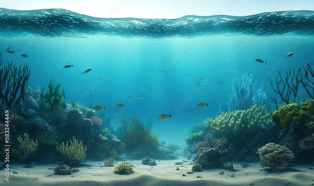  an underwater scene with a lot of fish and corals on the bottom of the water and sand bottom to the