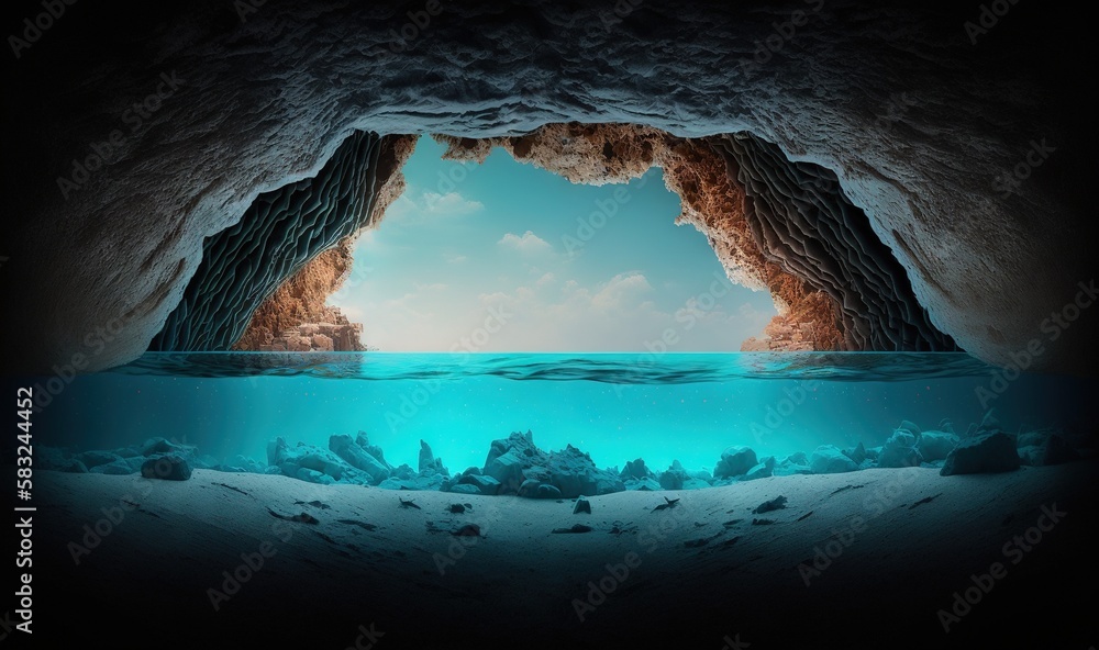  an underwater view of a cave with a view of the ocean from the bottom of the cave, with a blue sky 