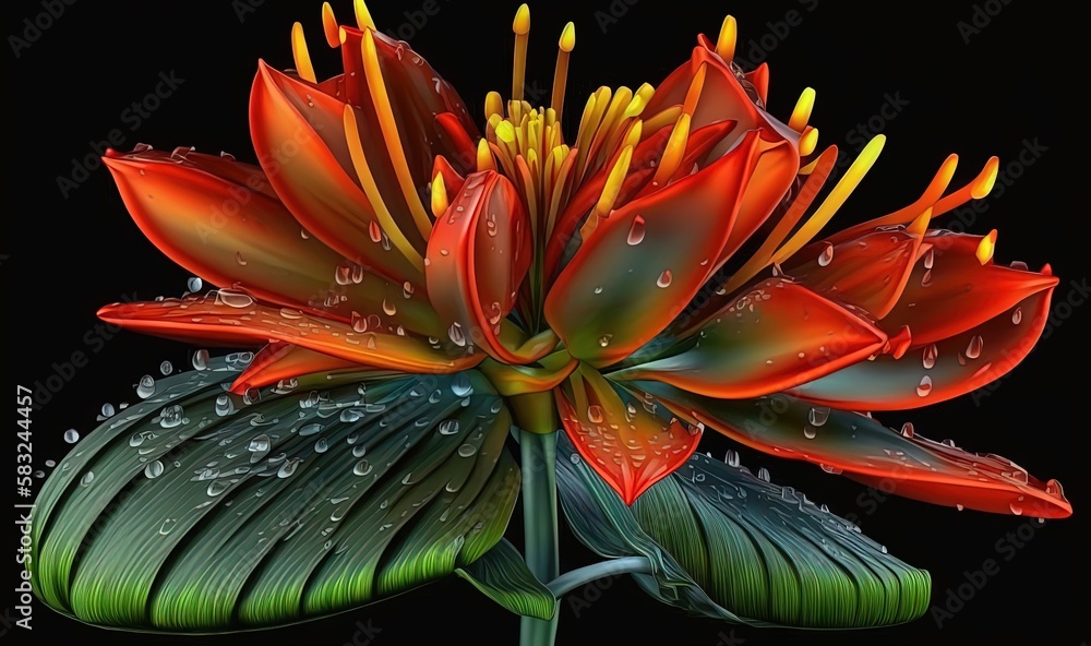  a red flower with water drops on its petals and leaves on a black background with a black backgrou