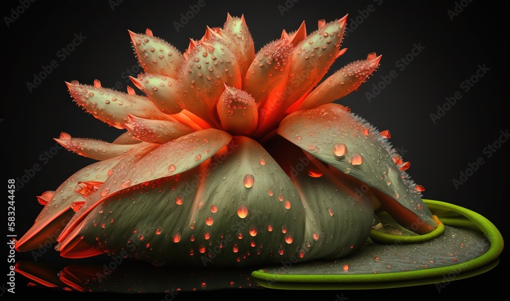  a flower with water drops on it on a black background with a green leafy stem and a black backgroun