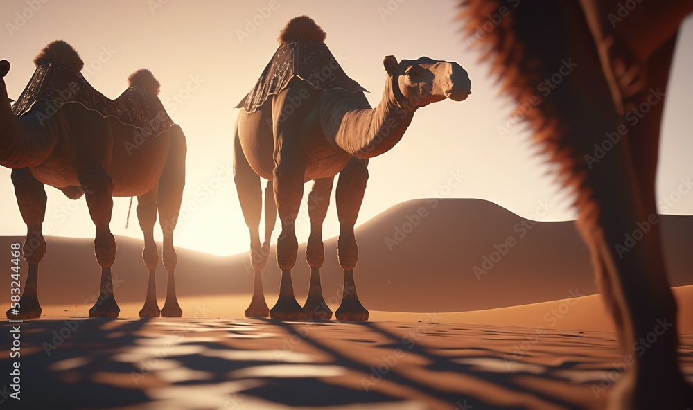  a couple of camels standing in the desert with the sun in the background and a desert landscape in 