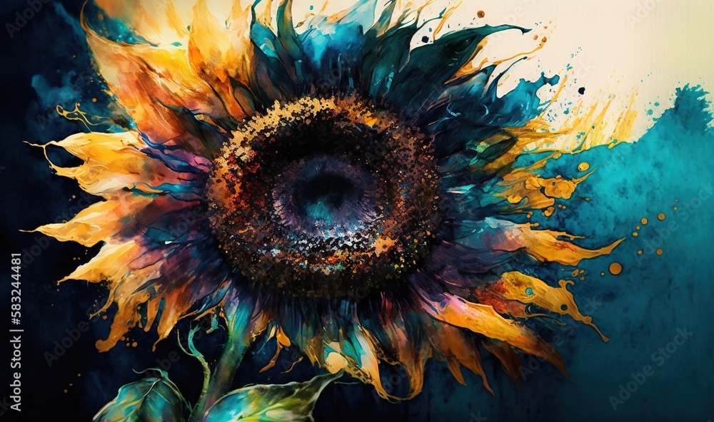  a painting of a sunflower with blue and yellow paint splatters on its petals and petals, with a da