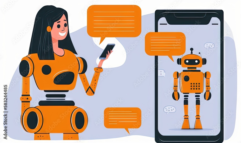  a woman standing next to an orange robot holding a cell phone with speech bubbles above her and a c