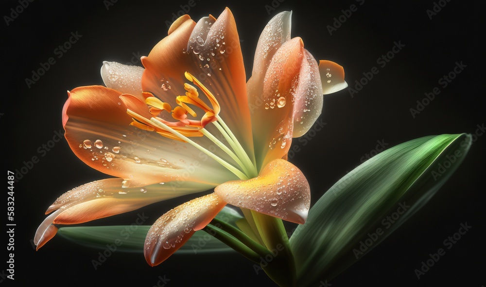  a close up of a flower with water droplets on its petals and green leaves on a black background wi