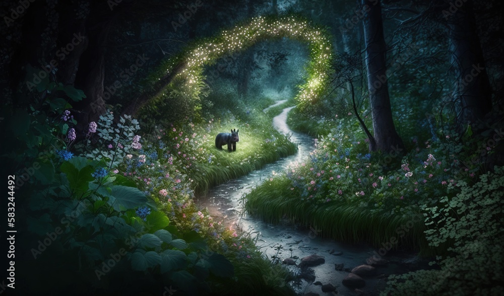  a painting of a bear in a forest with a path leading to a light at the end of the tunnel that leads