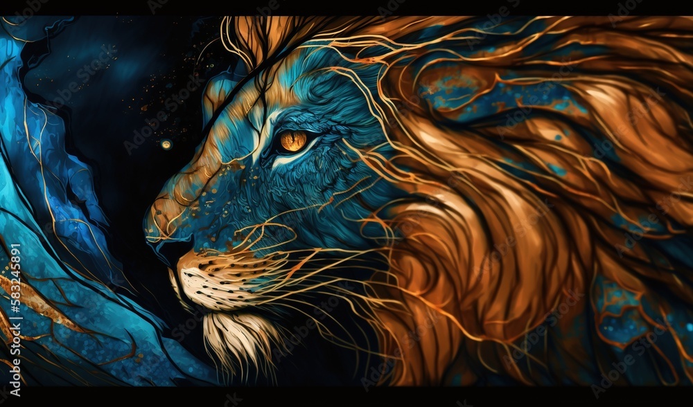  a painting of a lions head with a blue background and gold details on its face, with a black backg