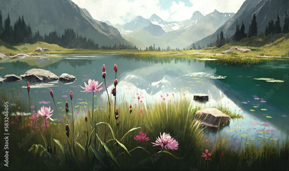  a painting of a mountain lake with flowers in the foreground and mountains in the background with c