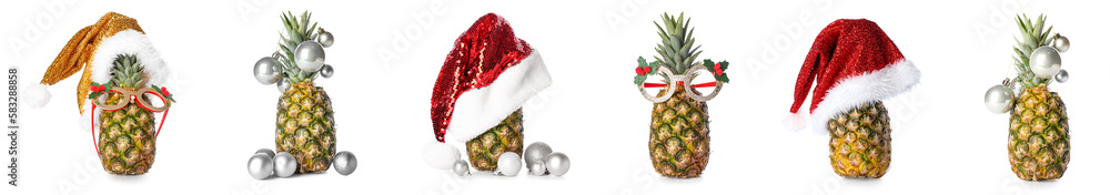 Collage of pineapples with Christmas decor on white background