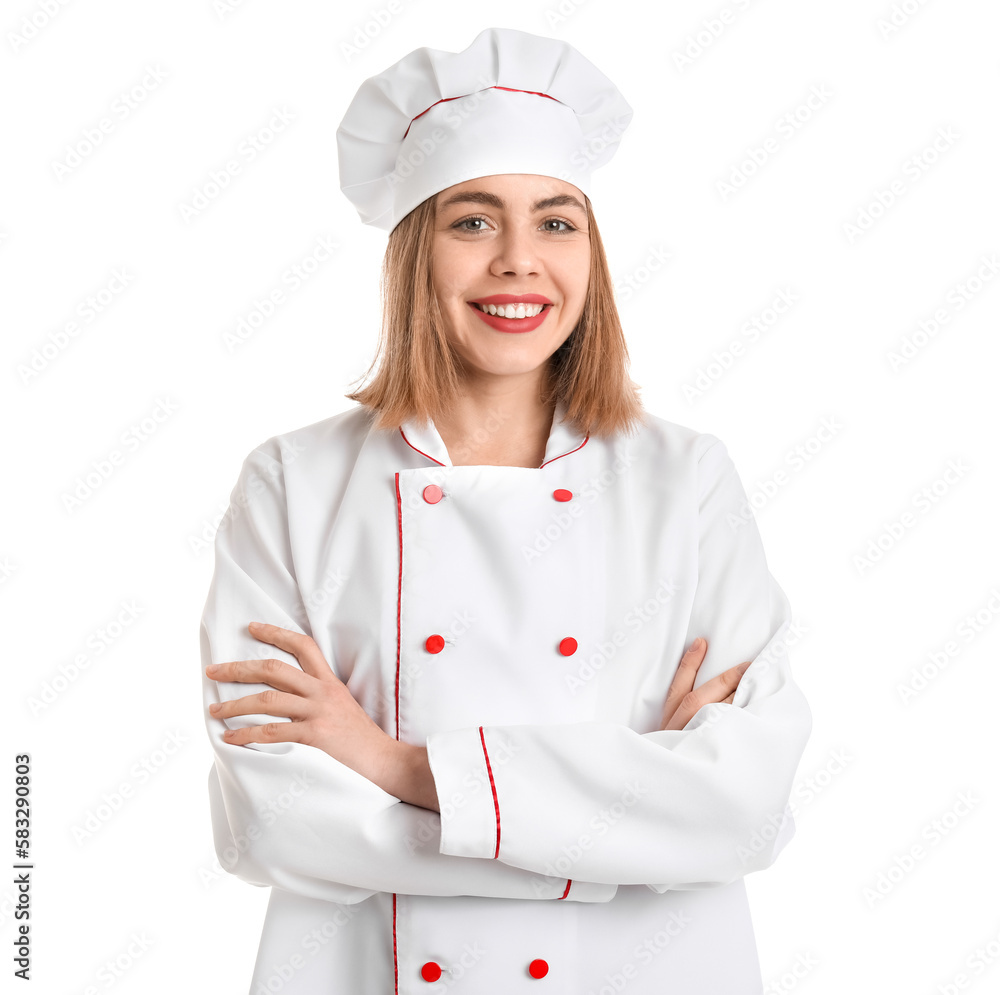 Female baker in uniform on white background