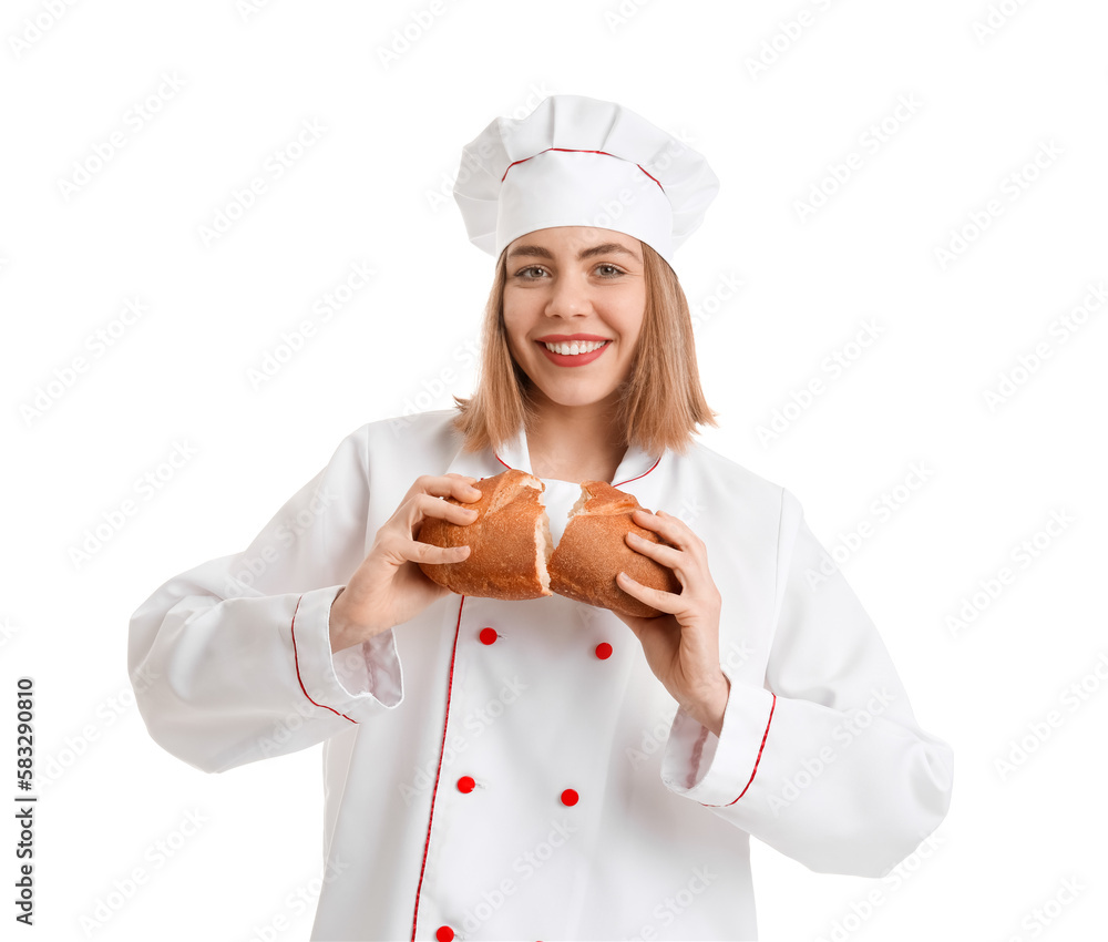 Female baker with fresh bread on white background