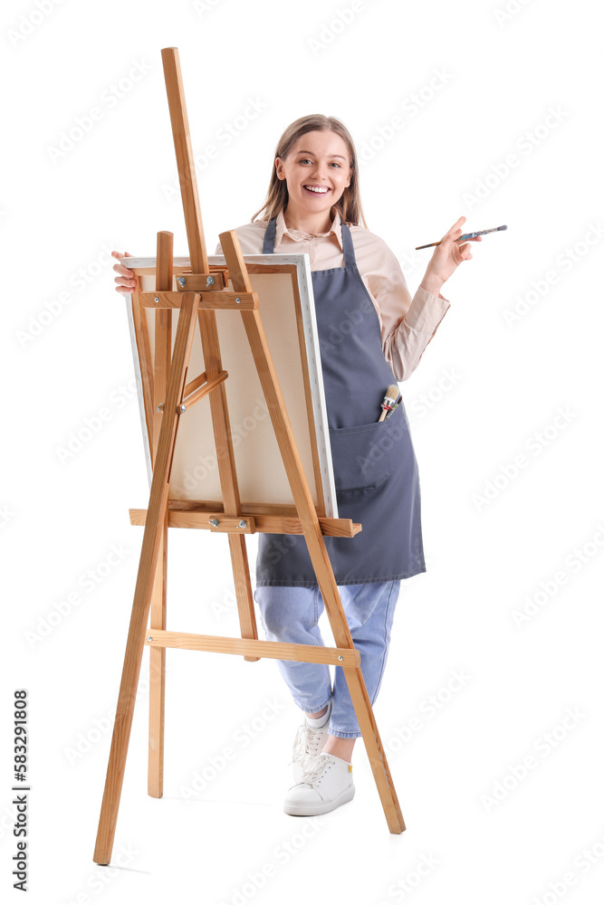 Drawing teacher with paint brush and easel on white background