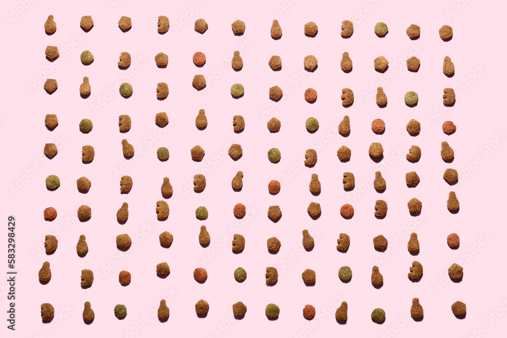 Composition with dry pet food on pink background